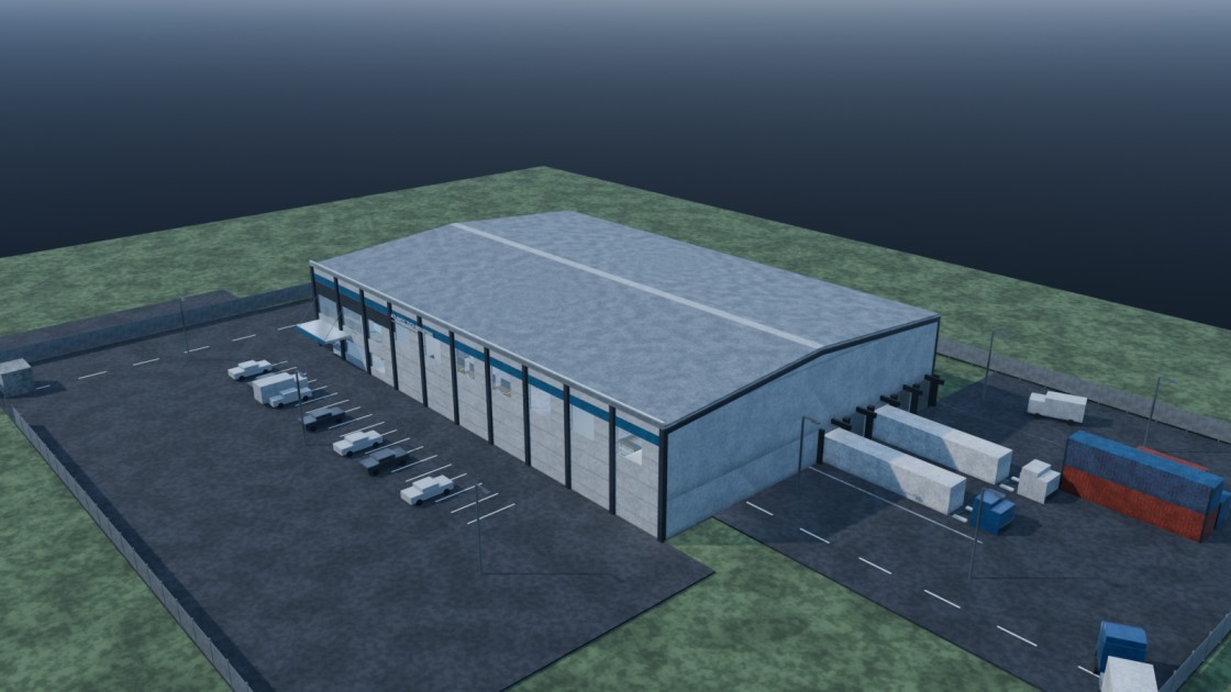 Vista aérea da unidade fabril modelada em 3D para a Atlantic Tech Industries
